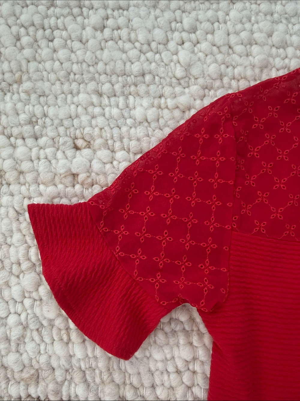 French Connection red short-sleeve mini dress textured sheer yoke ruffled sleeve - Picture 5 of 7